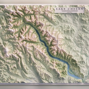 Lake Chelan, Washington - Bäche, Wasserfälle, Pfade, & Gipfel - Topografische schattierte Reliefkarte Print
