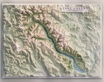 Lake Chelan, Washington - Streams, Waterfalls, Trails, & Peaks -  Topographic Shaded Relief Map Print