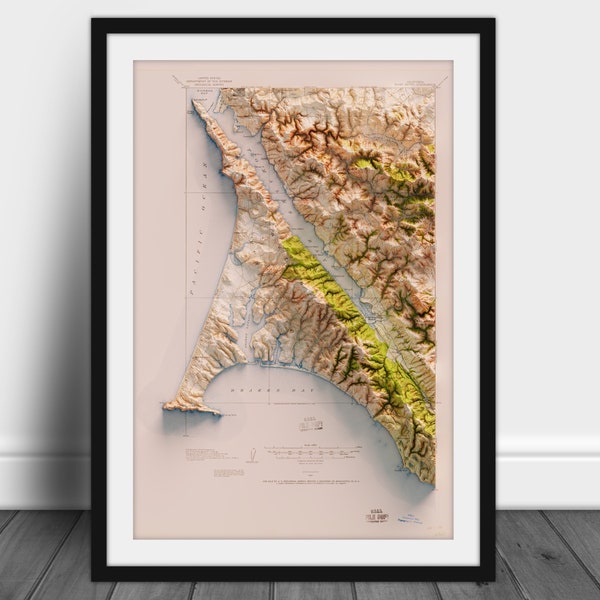 Parque Nacional Point Reyes - Topografía histórica del USGS representada en 3D de 1916 - Impresión 2D