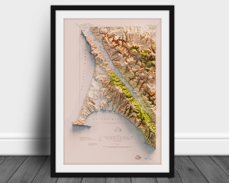 Parque Nacional Point Reyes Topografía histórica del USGS representada en 3D de 1916 Impresión 2D imagen 1
