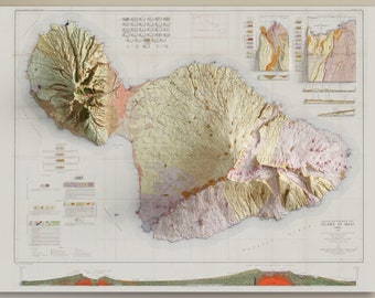 Maui Hawaii Geologic Map: 1942 USGS Topographic Relief Print