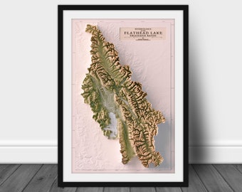 Mapa hidrológico del lago Flathead: Parque Nacional Glacier, Bob Marshall Wilderness, Mission Range, Whitefish Mountains, Swan Valley