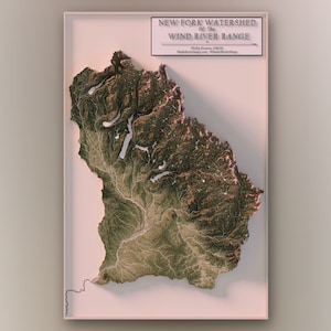 Nördliche Wind River Kette - New Fork River Wasserscheidegebiet - Hydrologische und topographische Karte - Schattierter Reliefkartendruck