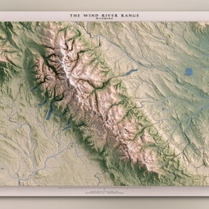 Wind River Range, Wyoming - Stream Hierarchy, Trails, & Peaks - Topographic Shaded Relief Map Print