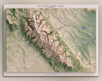 Wind River Range, Wyoming - Stream Hierarchy, Trails, & Peaks -  Topographic Shaded Relief Map Print