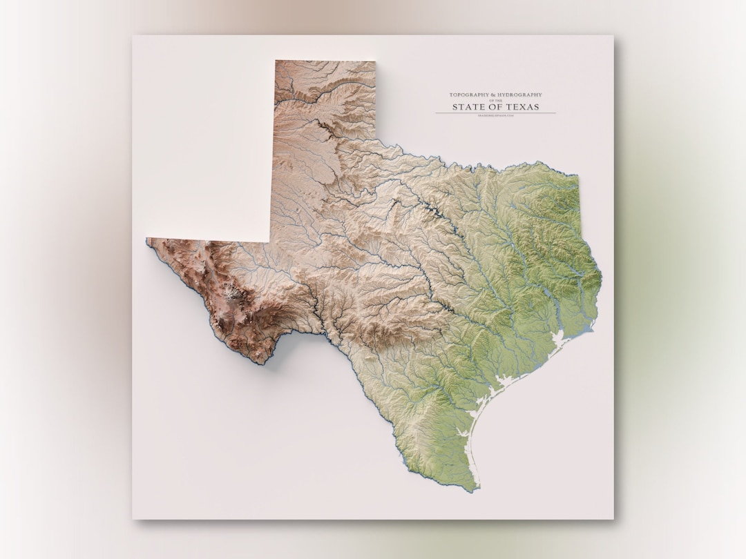 Texas Topography & Stream Hierarchy Topographic Shaded Relief Map Print