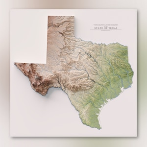 Texas - Topografie & Streamhiërarchie - Topografische gearceerde reliëfkaartafdruk