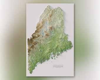 Maine Topography & Hydrography - Stream Hierarchy = Topographic Shaded Relief Map