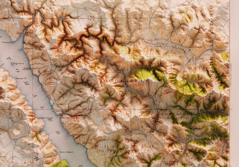 Parque Nacional Point Reyes Topografía histórica del USGS representada en 3D de 1916 Impresión 2D imagen 4