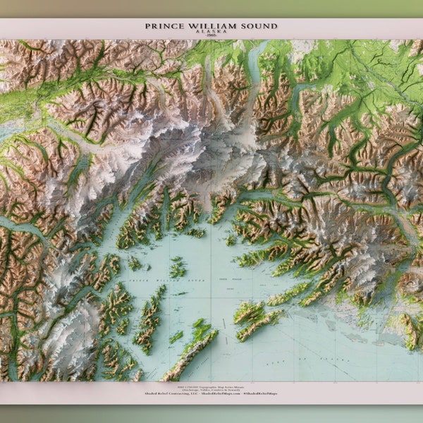 Prince William Sound (1960) Gulf of Alaska - Historic USGS Seamless Quad Composite -  Topographic Shaded Relief Map Print