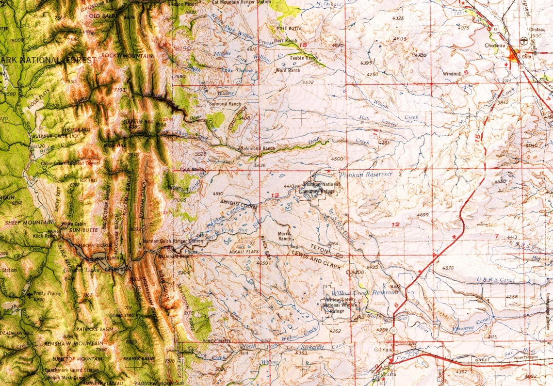 Choteau MT 1958 3D Rendered Historic USGS Topo Map 2D Etsy