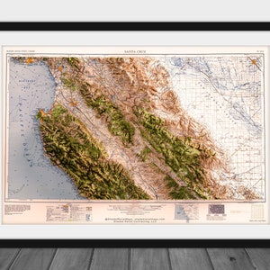 Santa Cruz, Californie - Topo historique de l'USGS, rendu 3D de 1958 - Impression 2D