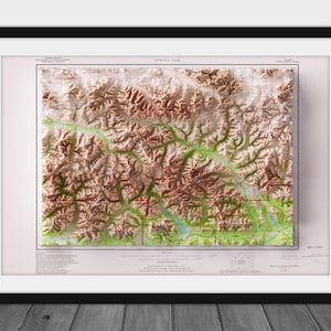 May include: A topographic map of the Survey Pass area in Alaska. The map shows the elevation of the land with different colors. The map is framed in a black frame.