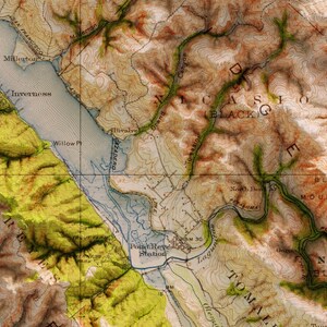 Parque Nacional Point Reyes Topografía histórica del USGS representada en 3D de 1916 Impresión 2D imagen 3