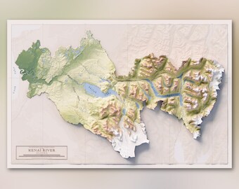 Kenai River, Alaska - Hydrographic Map -  Topographic Shaded Relief Map Print