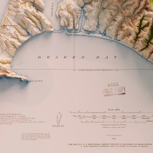 Parque Nacional Point Reyes Topografía histórica del USGS representada en 3D de 1916 Impresión 2D imagen 2