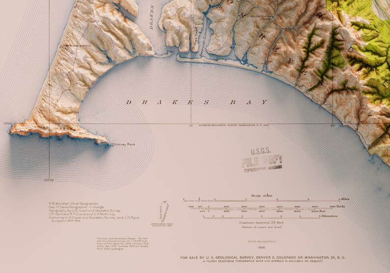 Parque Nacional Point Reyes Topografía histórica del USGS representada en 3D de 1916 Impresión 2D imagen 2