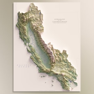 California Region Hydrologic Map- Stream Order Visualization -  Topographic Shaded Relief Map Print