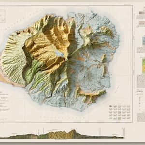 Eiland Kauai, Hawaii - 1945 USGS historische geologische kaartserie - topografische schaduwrijke reliëfkaart afdrukken