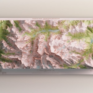 Granite Peak, Montana - Monts Beartooth - 1986 USGS - Historique Topographique ombré Carte en relief imprimé