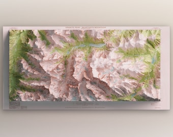 May include: A topographic map of Granite Peak in the Beartooth Mountains, Montana. The map shows the elevation of the mountains and the surrounding area. The map is printed on a light pink background with green and brown lines.