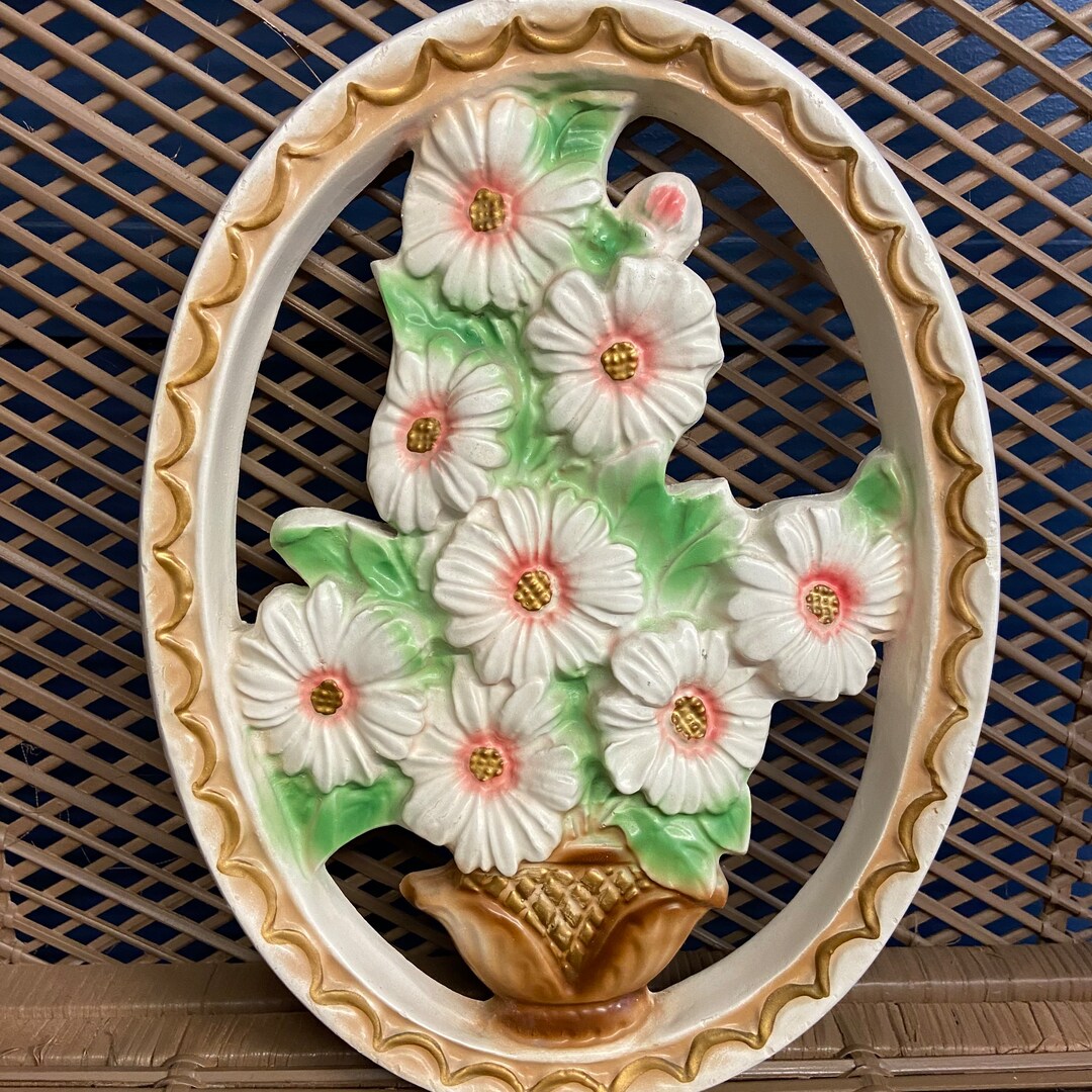 Vintage Chalkware Flower Plaque Ceramic Floral Wall Hanging Chalk Ware
