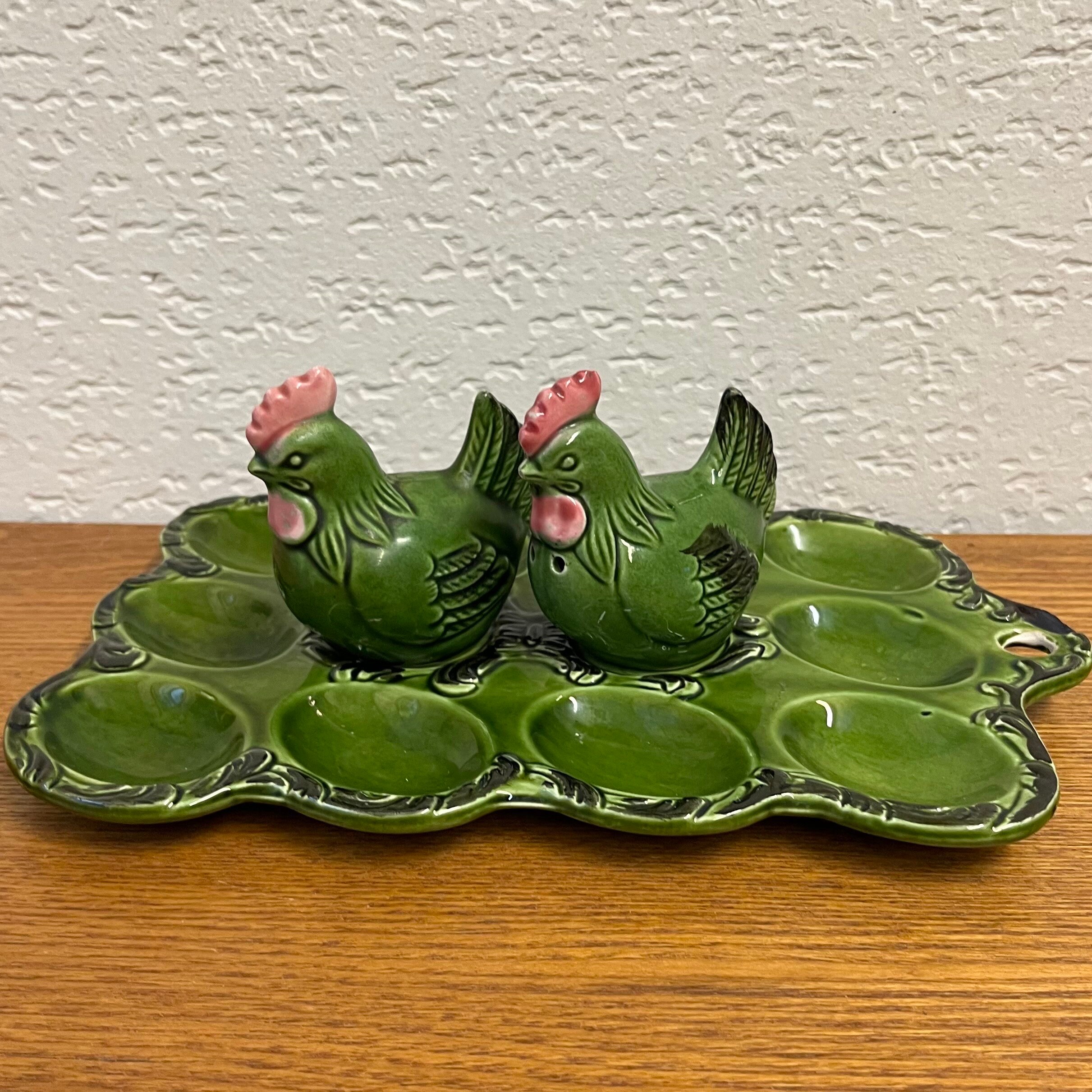 Vintage Deviled Egg Plate - Green Ceramic Chicken Serving Dish