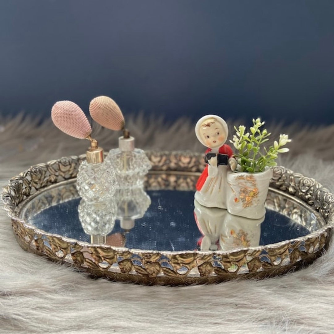 Vintage Mirrored Vanity Tray MCM Gold Filigree Decor Decorative Perfume