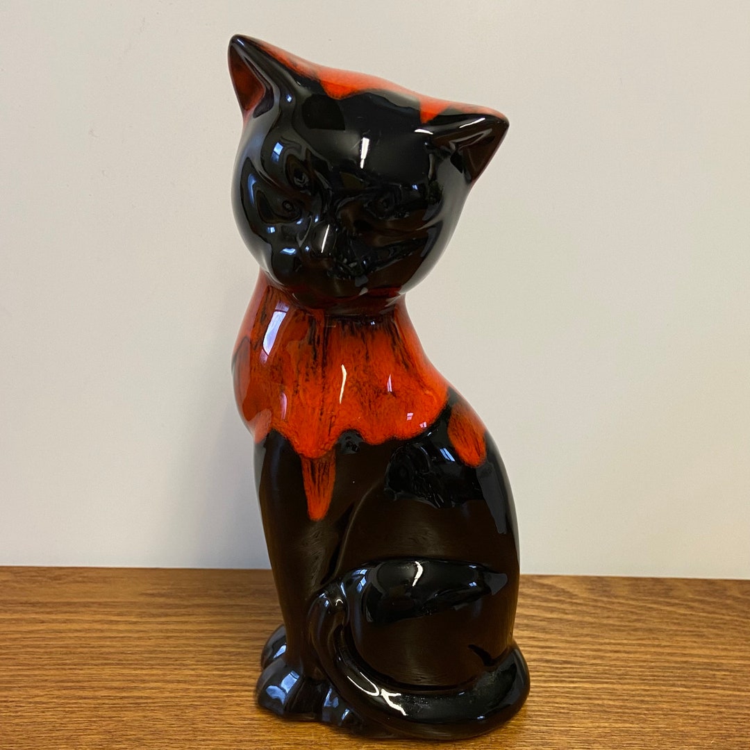 Vintage Ceramic Cat Figure Orange Drip Pottery Funky Retro Etsy