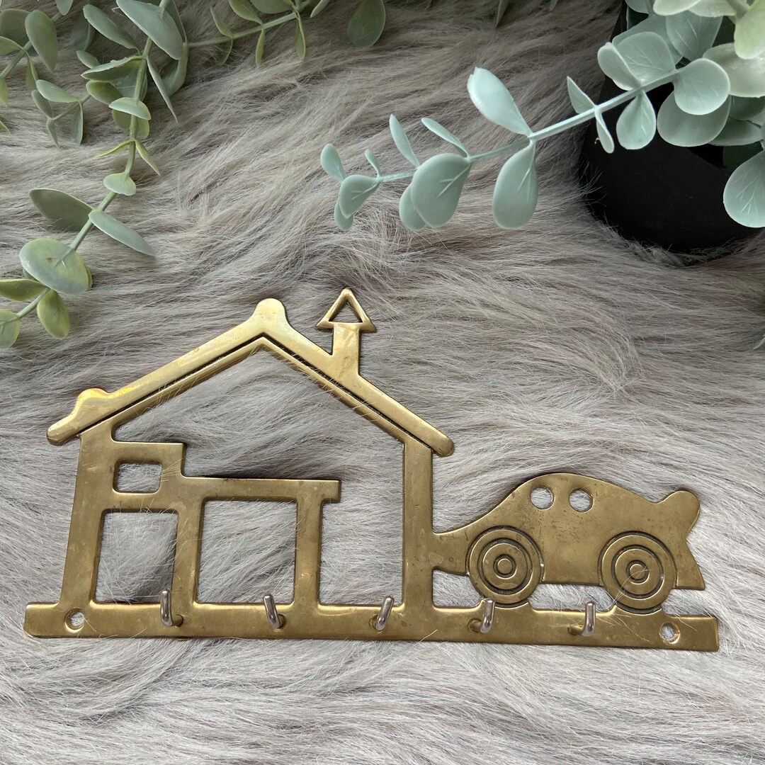 Vintage Brass Key Hook House and Car Key Holder Entryway Wall Decor