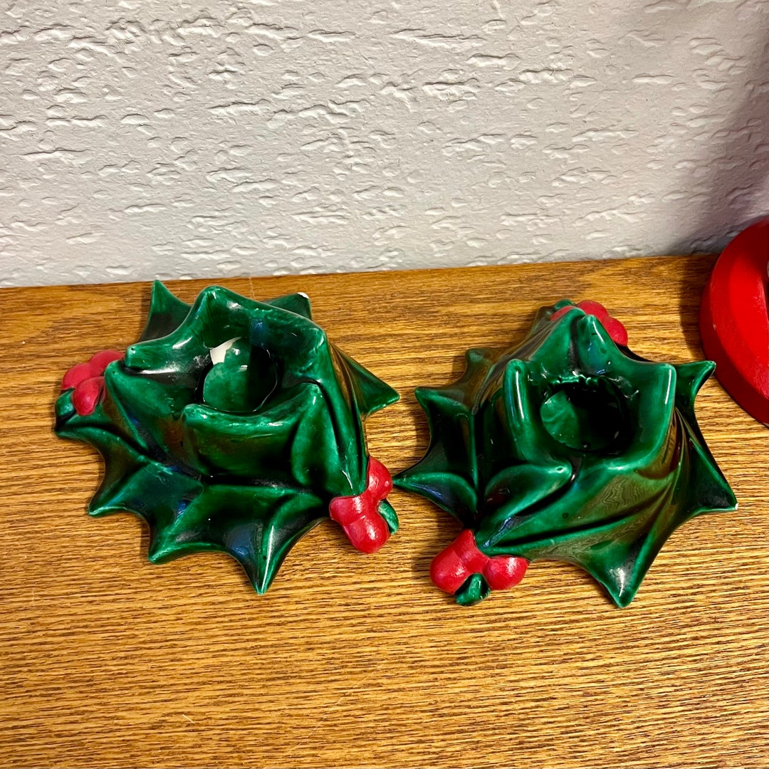 Vintage Christmas Holly Candle Holders Hand Made Retro Etsy