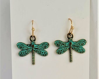 Green And Gold Patina Dragonfly Earrings