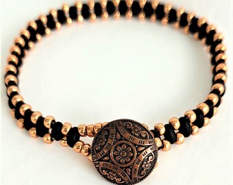 Hand Beaded Matte Black And Copper Bracelet With Etched Copper Button Closure