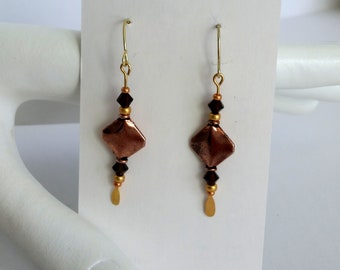 Copper Diamond Earrings With Mocha Swarovski Crystals And Gold Accents