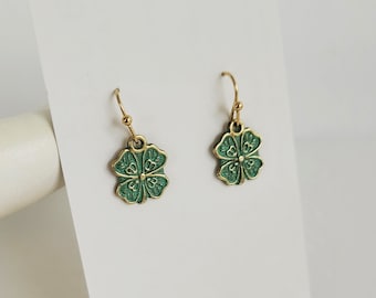 Four Leaf Clover Green and Gold Earrings