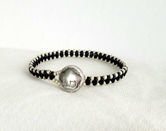 Black And Silver Hand Beaded Bracelet With American Buffalo Nickel Button Clasp