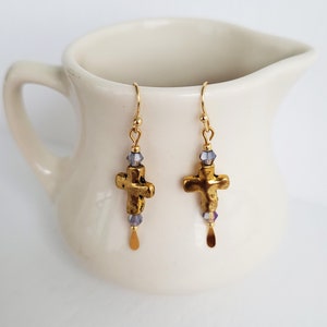 Gold Cross Earrings With Amethyst Crystals And Gold Seed Bead Accents image 8