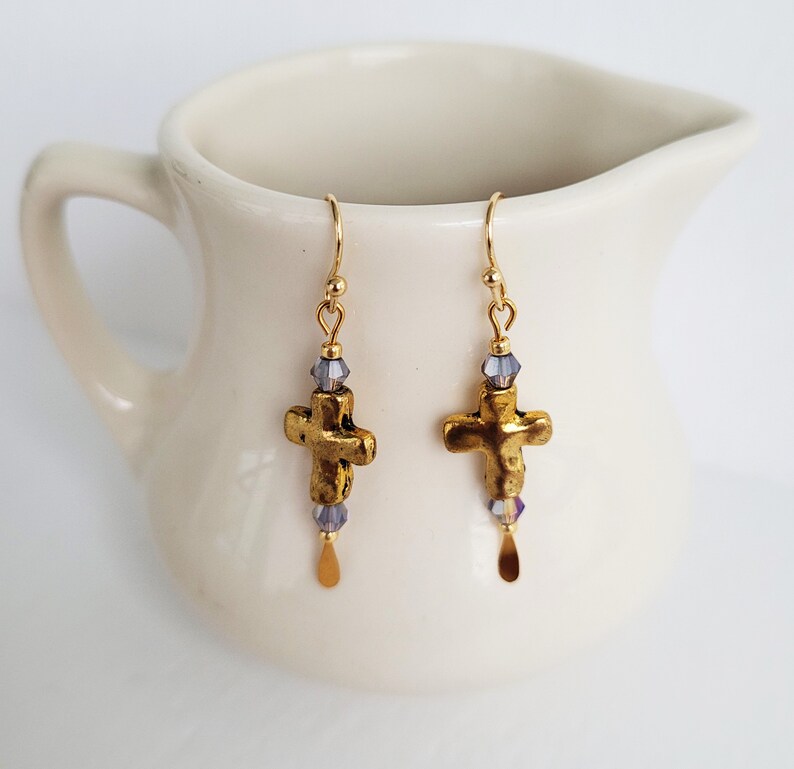 Gold Cross Earrings With Amethyst Crystals And Gold Seed Bead Accents image 8