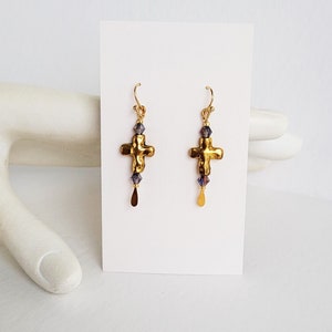 Gold Cross Earrings With Amethyst Crystals And Gold Seed Bead Accents image 4
