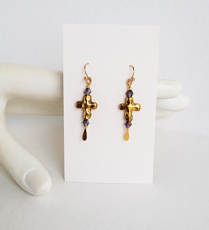 Gold Cross Earrings With Amethyst Crystals And Gold Seed Bead Accents image 4