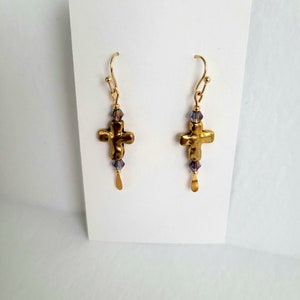 Gold Cross Earrings With Amethyst Crystals And Gold Seed Bead Accents image 6
