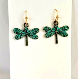 Green And Gold Patina Dragonfly Earrings