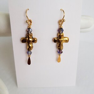 Gold Cross Earrings With Amethyst Crystals And Gold Seed Bead Accents image 3
