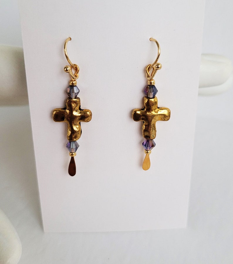 Gold Cross Earrings With Amethyst Crystals And Gold Seed Bead Accents image 3