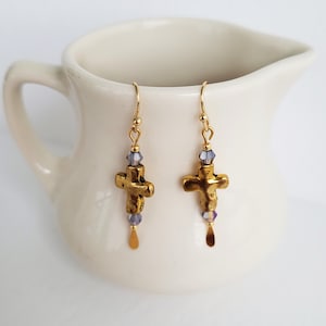 Gold Cross Earrings With Amethyst Crystals And Gold Seed Bead Accents image 1