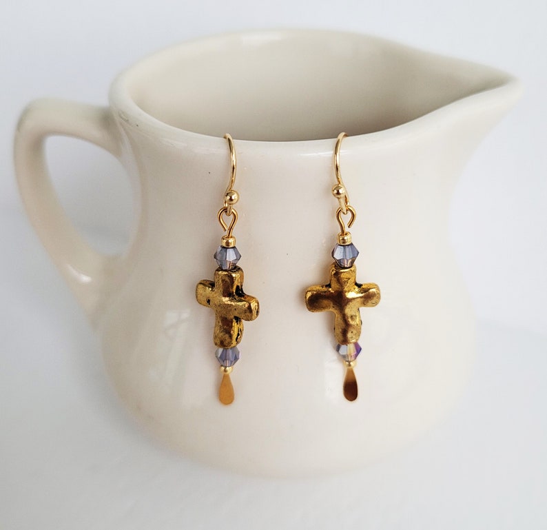 Gold Cross Earrings With Amethyst Crystals And Gold Seed Bead Accents image 1