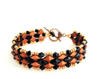 Black And Copper Hand Beaded Diamond Duo Bracelet With Black Bi Cone Swarovski Crystals And Copper Seed Bead Accents