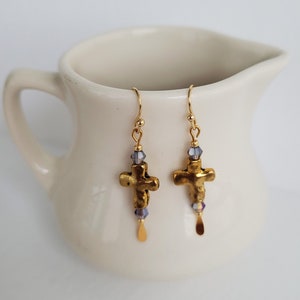 Gold Cross Earrings With Amethyst Crystals And Gold Seed Bead Accents image 5