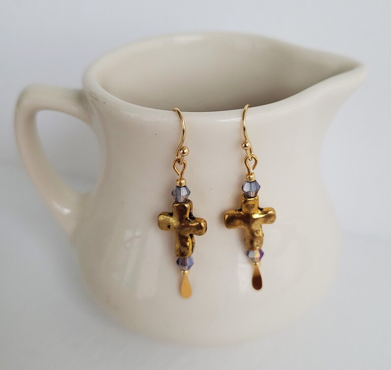Gold Cross Earrings With Amethyst Crystals And Gold Seed Bead Accents image 5
