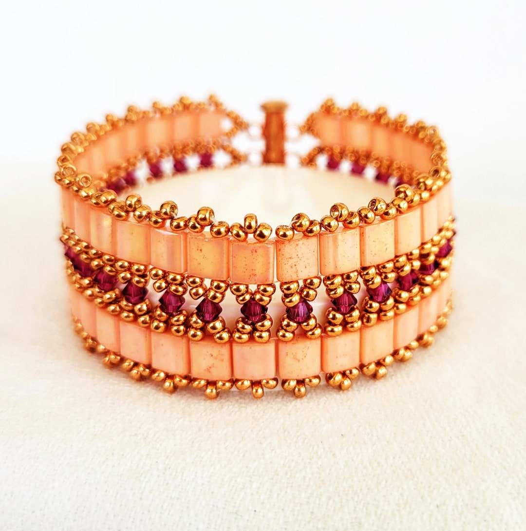 Peach Pearlescent Hand Beaded Bracelet With Fuchsia Swarovski Crystals and Copper Seed Bead